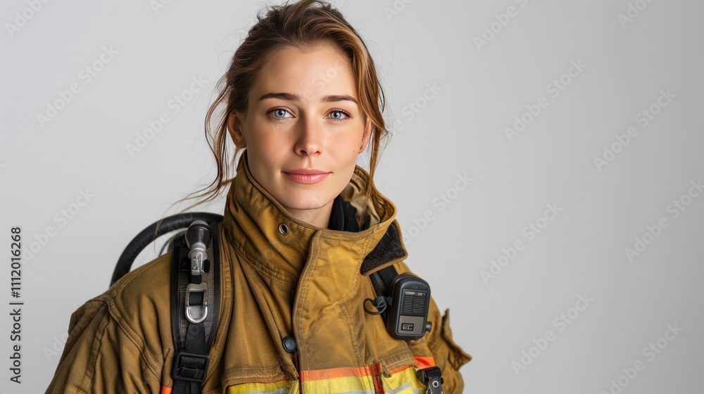 A female firefighter posing in a confident stance, with her hands resting on her belt, dressed in full turnout gear on a white background, emphasizing her preparedness and bravery. A female firefighter posing in a confident stance, with her hands resting on her belt, dressed in full turnout gear on a white background, emphasizing her preparedness and bravery.