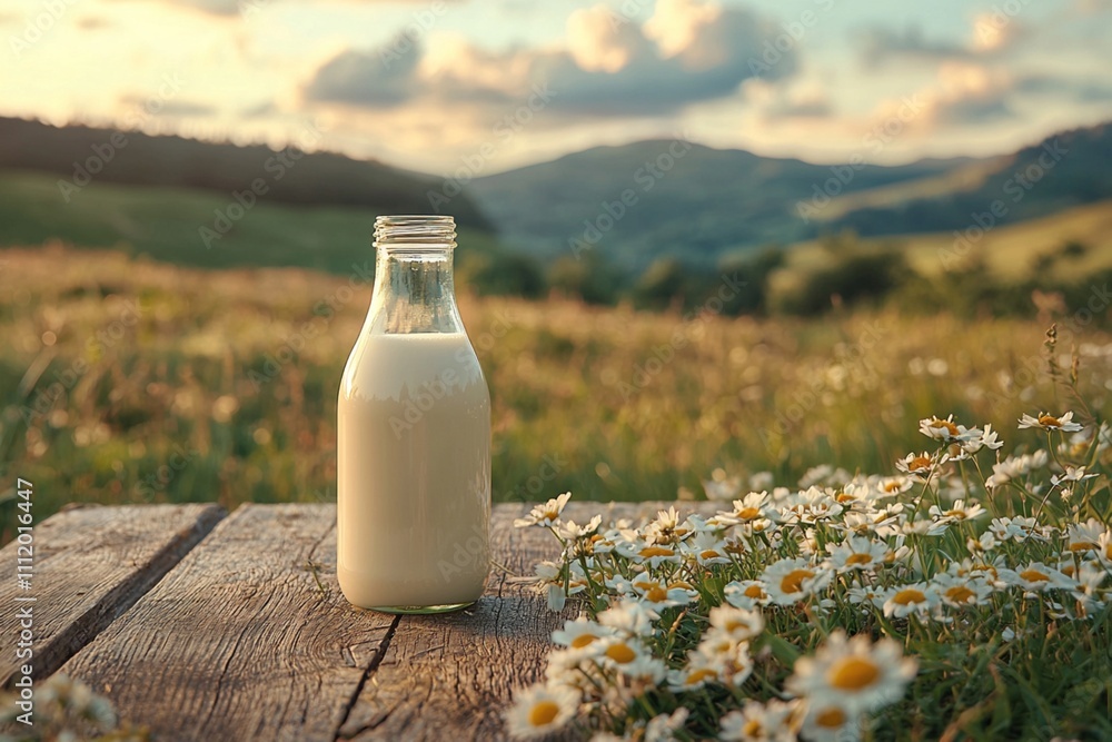 Glass bottle with fresh milk on a wooden table in a blurred landscape of a meadow and mountains. Sustainable and ecological production of food and milk. Livestock and dairy farm Glass bottle with fresh milk on a wooden table in a blurred landscape of a meadow and mountains. Sustainable and ecological production of food and milk. Livestock and dairy farm