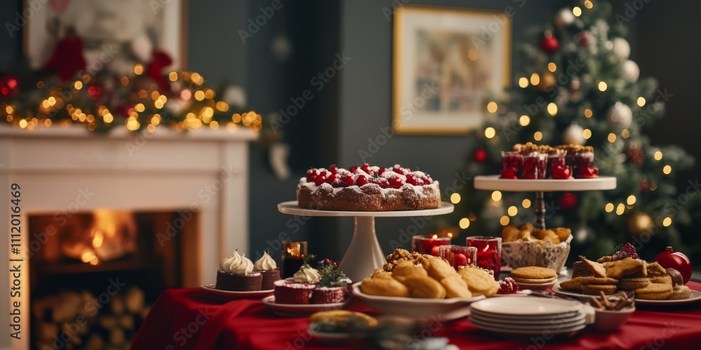 Delicious holiday desserts on a festive table. The cozy room is adorned with sparkling lights and a beautifully decorated Christmas tree. Perfect for holiday gatherings and celebrations. AI Delicious holiday desserts on a festive table. The cozy room is adorned with sparkling lights and a beautifully decorated Christmas tree. Perfect for holiday gatherings and celebrations. AI