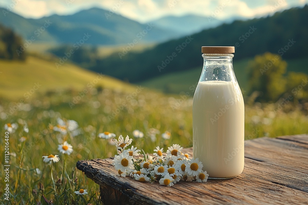 Glass bottle with fresh milk on a wooden table in a blurred landscape of a meadow and mountains. Sustainable and ecological production of food and milk. Livestock and dairy farm Glass bottle with fresh milk on a wooden table in a blurred landscape of a meadow and mountains. Sustainable and ecological production of food and milk. Livestock and dairy farm