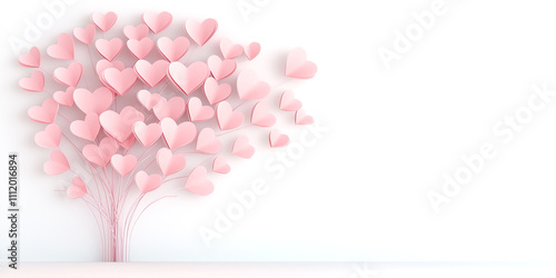 A tree made of hearts is on a white background. The tree is pink and has many hearts on it