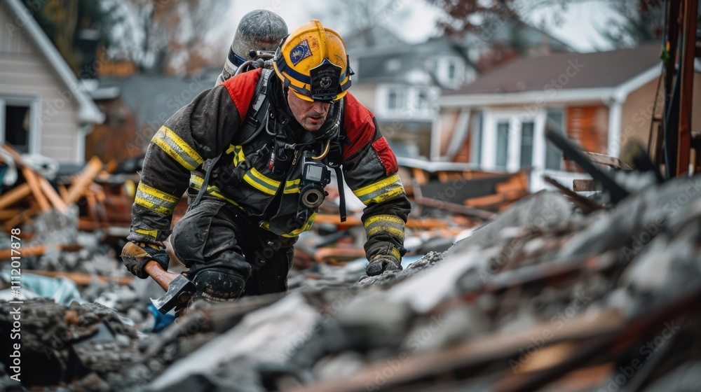A firefighter climbing over rubble with an axe in hand, prepared to navigate through the chaos of a disaster site, representing strength and readiness. A firefighter climbing over rubble with an axe in hand, prepared to navigate through the chaos of a disaster site, representing strength and readiness.