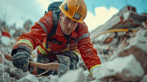 A firefighter climbing over rubble with an axe in hand, prepared to navigate through the chaos of a disaster site, representing strength and readiness. photo