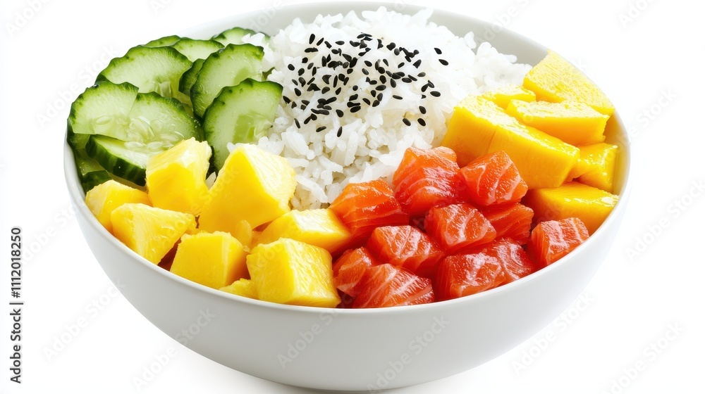 Fresh and Colorful Sushi Bowl with Rice, Salmon, Mango, and Cucumber Fresh and Colorful Sushi Bowl with Rice, Salmon, Mango, and Cucumber