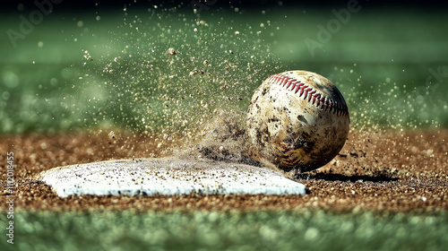 Baseball hitting first base with dirt particles exploding on a sunny day