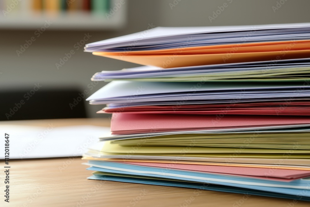 Stacked Colored Papers on a Wooden Table in a Modern Office Setting Stacked Colored Papers on a Wooden Table in a Modern Office Setting