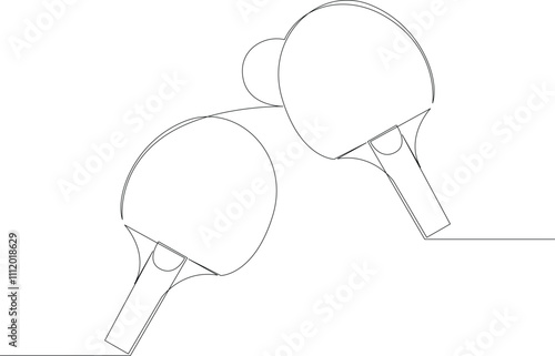 Two ping-pong rackets and a ball one line drawing. Table tennis sport game drawn with single continuous line. Vector illustration, editable stroke.