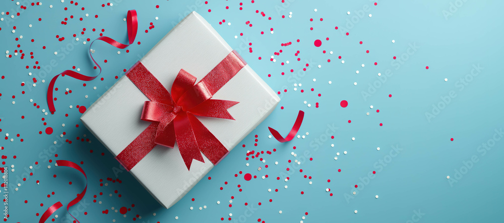 white gift box with red ribbon and confetti background 19 white gift box with red ribbon and confetti background 19