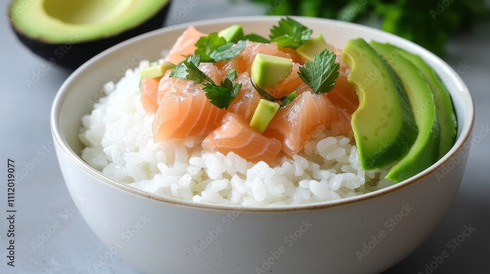 Fresh Salmon and Avocado Rice Bowl with Herbs and Garnish Fresh Salmon and Avocado Rice Bowl with Herbs and Garnish