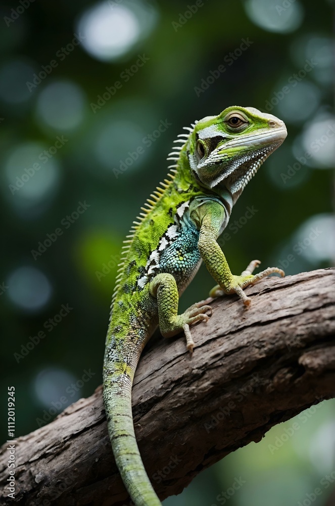 Obraz premium A vibrant green and blue lizard with a spiky back, perched on a tree branch