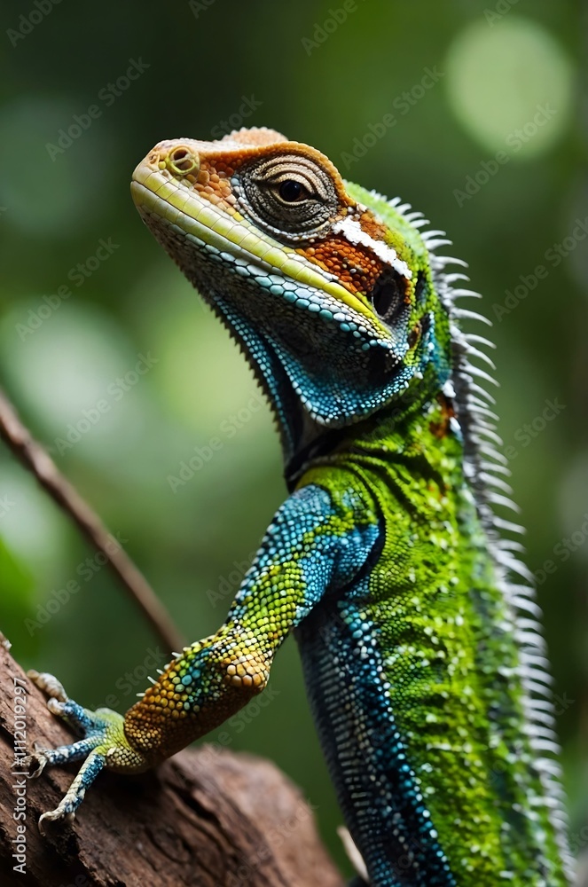 Fototapeta premium A vibrant green and blue lizard with a spiky back, perched on a tree branch