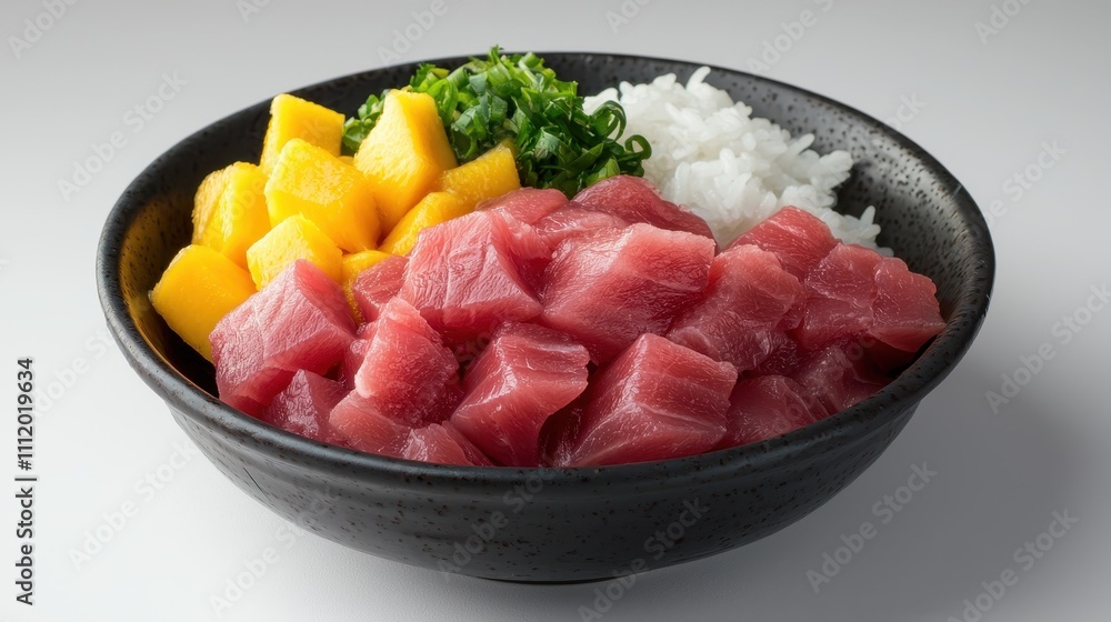 Fresh Tuna and Mango Bowl with Rice and Green Onion Garnish Fresh Tuna and Mango Bowl with Rice and Green Onion Garnish