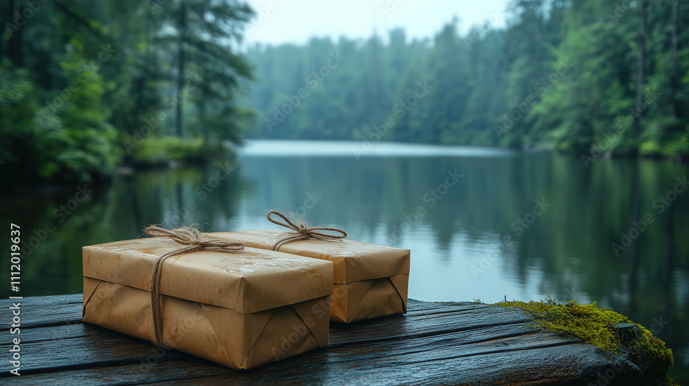 Wrapped packages resting on wooden dock beside serene lake surrounded by lush green trees early in the morning light. Generative AI Wrapped packages resting on wooden dock beside serene lake surrounded by lush green trees early in the morning light. Generative AI