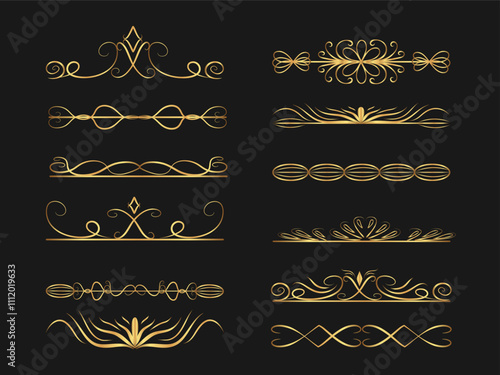 A set of decorative vintage frames and borders, a gold photo frame with a floral pattern. A set of golden text separators for your projects. Vector illustration. boundary elements