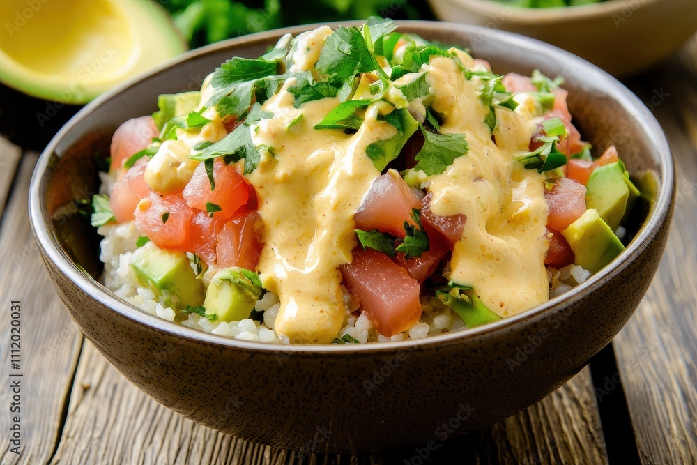 Fresh Tuna Bowl with Vegetables, Rice, and Creamy Sauce Fresh Tuna Bowl with Vegetables, Rice, and Creamy Sauce