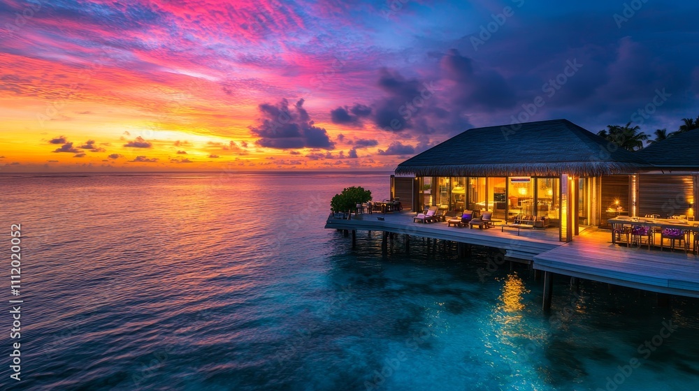 Colorful sunset over ocean on Maldives - A breathtaking sunset view over the ocean in Maldives showcasing vibrant colors, tranquility, luxury, nature's beauty, and a serene getaway. Colorful sunset over ocean on Maldives - A breathtaking sunset view over the ocean in Maldives showcasing vibrant colors, tranquility, luxury, nature's beauty, and a serene getaway.