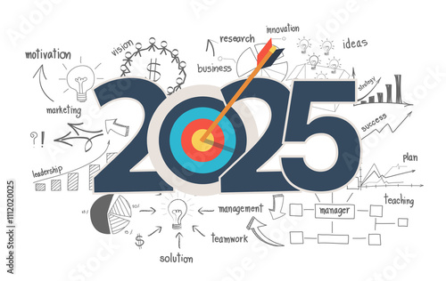 2025 new year target audience concept, Creative thinking drawing charts and graphs business success strategy plan idea on target dart with arrow photo