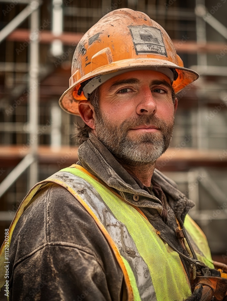 Construction Worker in Safety Gear at Job Site - A dedicated construction worker wearing an orange hard hat and reflective vest, embodying safety, hard work, professionalism, resilience, and industry Construction Worker in Safety Gear at Job Site - A dedicated construction worker wearing an orange hard hat and reflective vest, embodying safety, hard work, professionalism, resilience, and industry