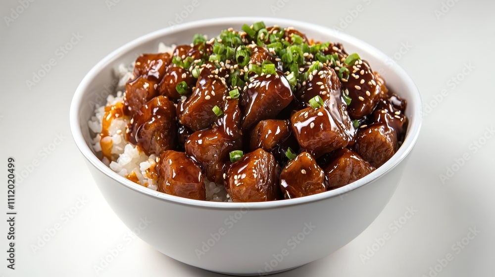 Delicious Glazed Meat Dish Served Over Rice with Green Onions Delicious Glazed Meat Dish Served Over Rice with Green Onions