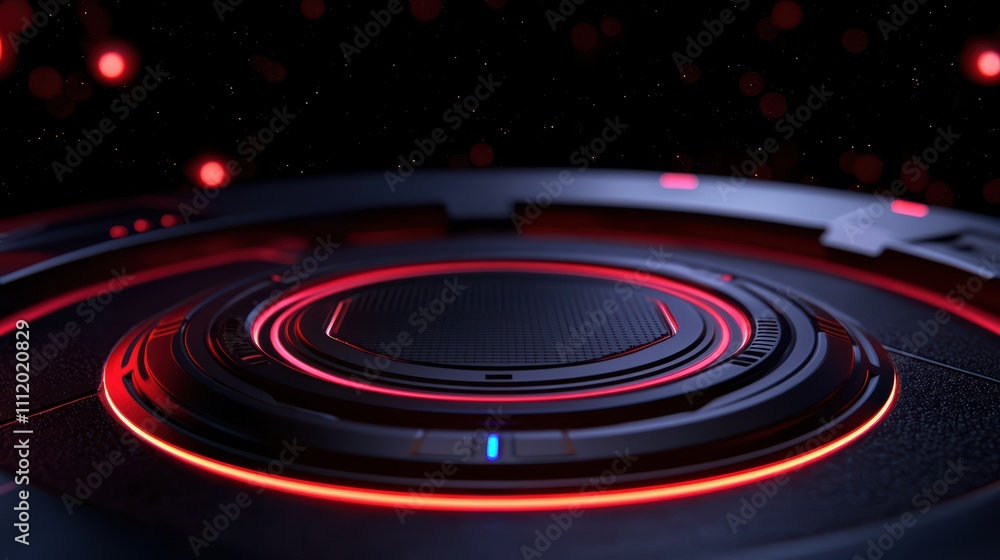 A futuristic, circular design with glowing red accents against a dark background, evoking a high-tech, sci-fi aesthetic. A futuristic, circular design with glowing red accents against a dark background, evoking a high-tech, sci-fi aesthetic.