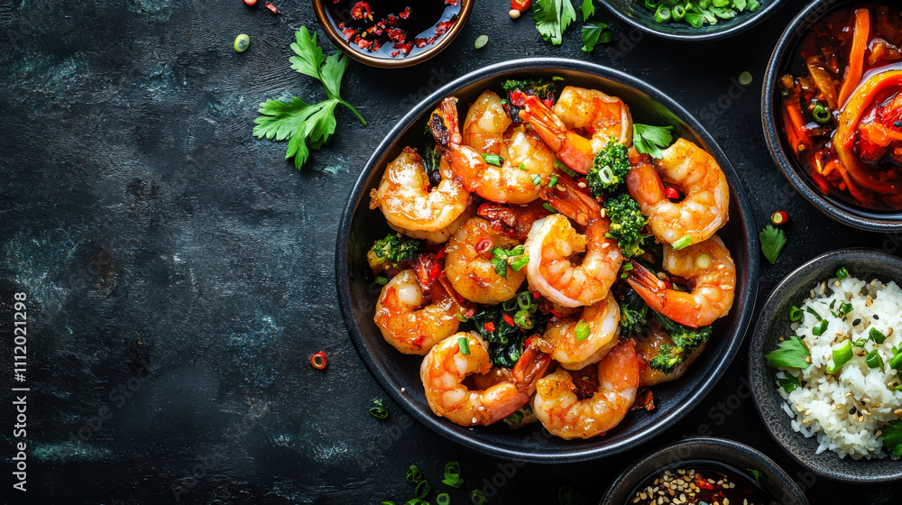 Delicious shrimp stir-fry served with colorful vegetables and dipping sauces on a dark textured surface Delicious shrimp stir-fry served with colorful vegetables and dipping sauces on a dark textured surface