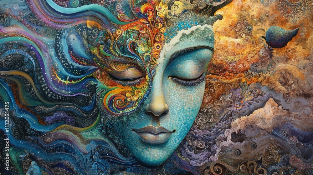 Serene face, vibrant colors, intricate swirling patterns, spiritual art. Serene face, vibrant colors, intricate swirling patterns, spiritual art.