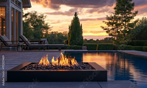 Sunset Glow: Modern Outdoor Fire Pit by Infinity Pool