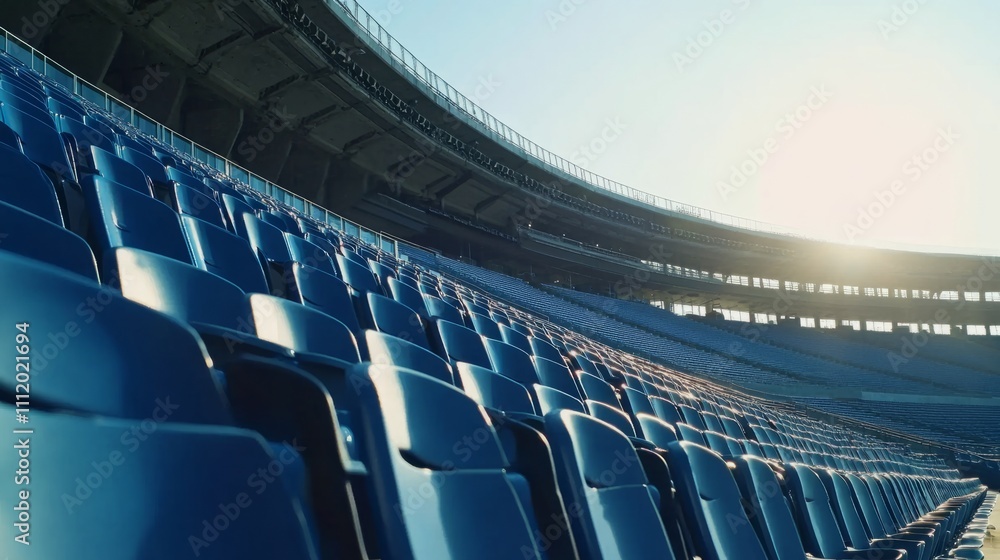 Fototapeta premium Under the blue sky, the empty stadium seats symbolize the broad prospect and infinite yearning for sports