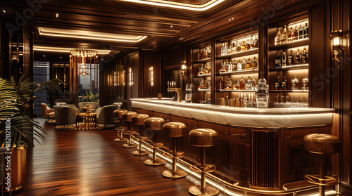 A luxurious and stylish bar room designed in elegant tones of dark wood, featuring a large, polished bar counter, high-end stools, and shelves stocked with premium liquor bottles and glassware.