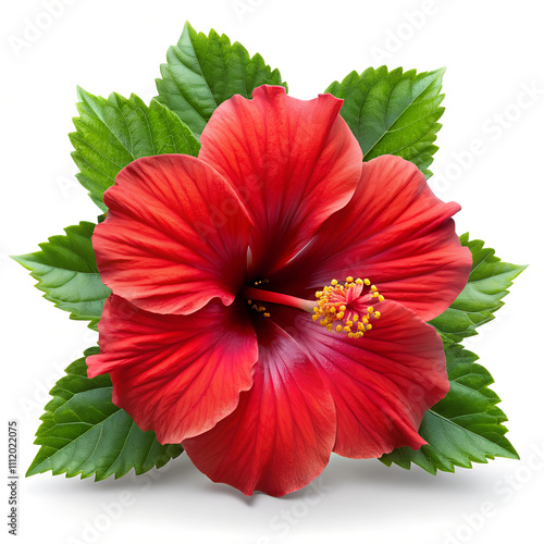 yellow hibiscus bright flower, and leaves isolated on white background