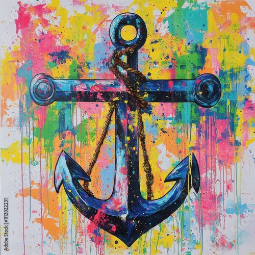 Vibrant abstract painting of an anchor in bold colors with textured strokes and dynamic composition photo