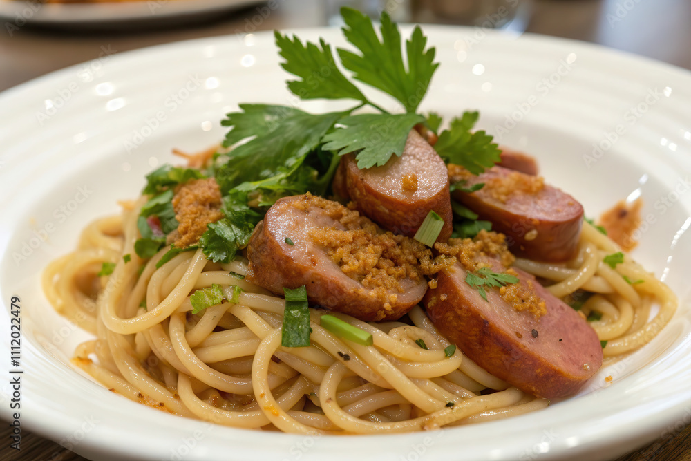Delicious Sausage Spaghetti with Fresh Herbs and Crumbled Topping in a White Bowl Delicious Sausage Spaghetti with Fresh Herbs and Crumbled Topping in a White Bowl