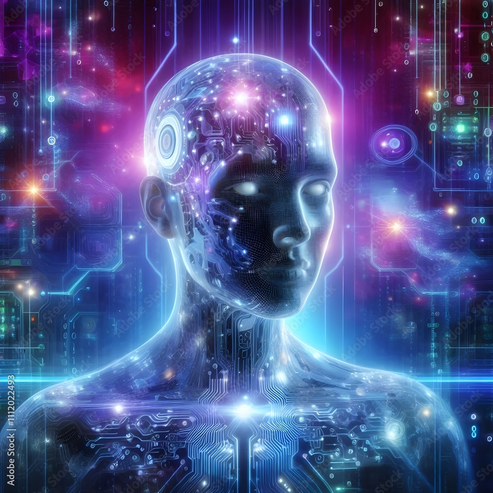 Futuristic AI Human Hybrid with Digital Circuitry Background Futuristic AI Human Hybrid with Digital Circuitry Background
