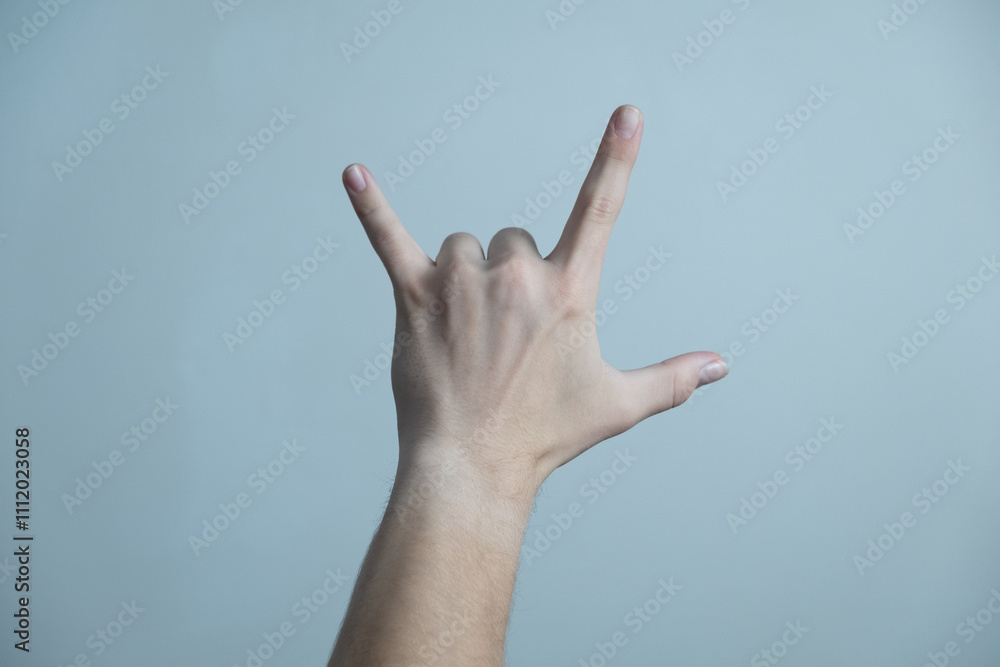 Male hand showing rock and roll sign or showing devil horns gesture on light background. Male hand showing rock and roll sign or showing devil horns gesture on light background.