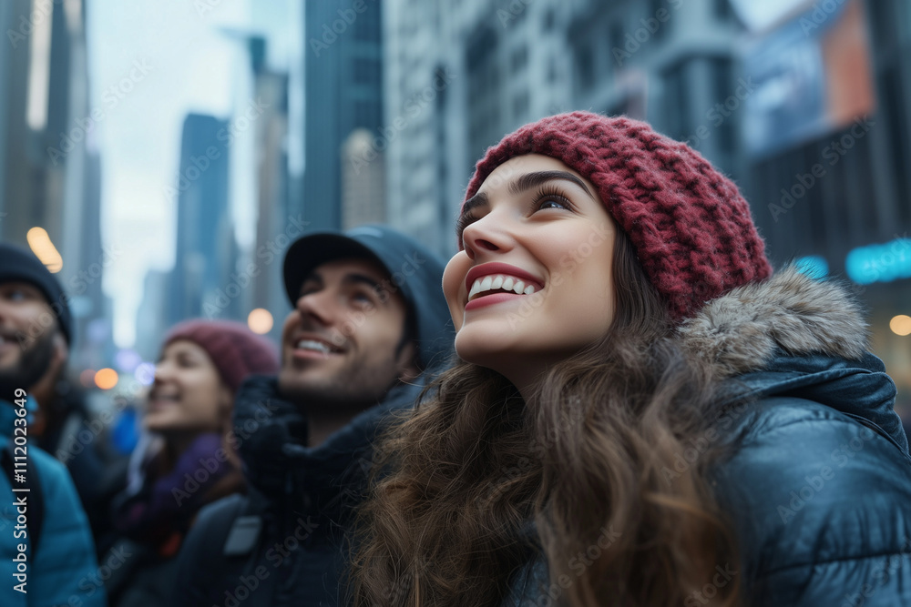 A cheerful young woman in a winter cityscape looks up at falling snowflakes, dressed warmly in a black beanie and scarf. Joyful urban winter vibes A cheerful young woman in a winter cityscape looks up at falling snowflakes, dressed warmly in a black beanie and scarf. Joyful urban winter vibes