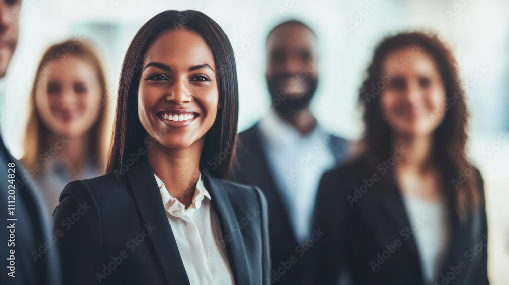A confident woman smiles at the camera, surrounded by a diverse group of professionals in a modern office setting during the day A confident woman smiles at the camera, surrounded by a diverse group of professionals in a modern office setting during the day