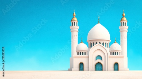 A stylized white mosque with golden domes against a blue sky, showcasing elegant architecture in a minimalistic setting.