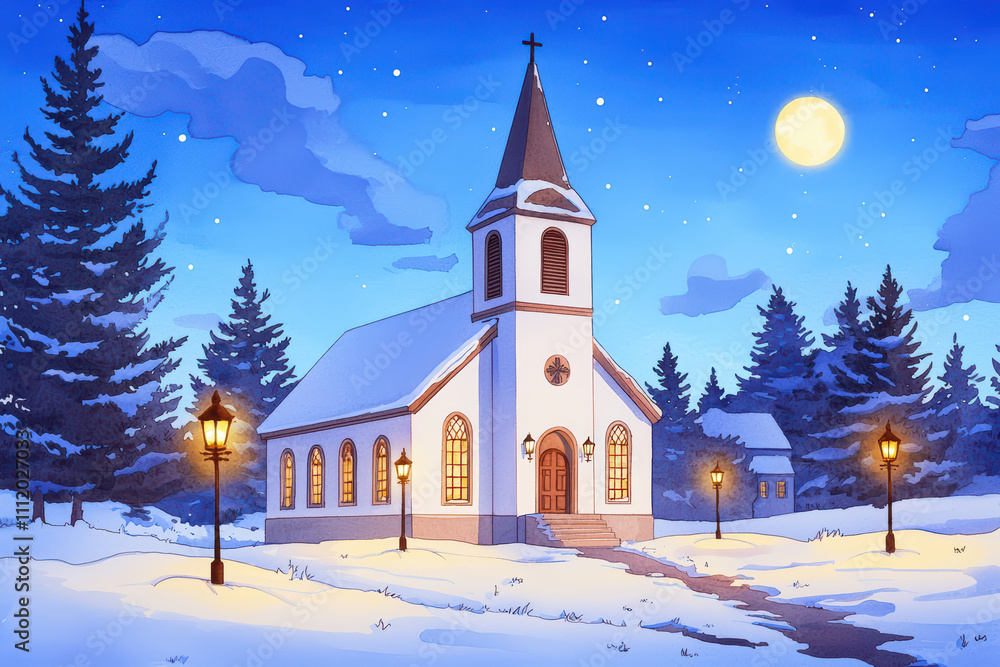 serene winter scene featuring snow covered church illuminated by street lamps under bright moon. tranquil atmosphere evokes sense of peace and warmth serene winter scene featuring snow covered church illuminated by street lamps under bright moon. tranquil atmosphere evokes sense of peace and warmth