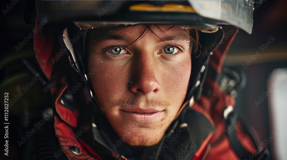 A portrait of a firefighter, helmet on and visor lifted, with a determined look in their eyes, capturing the courage required in high-pressure situations. A portrait of a firefighter, helmet on and visor lifted, with a determined look in their eyes, capturing the courage required in high-pressure situations.