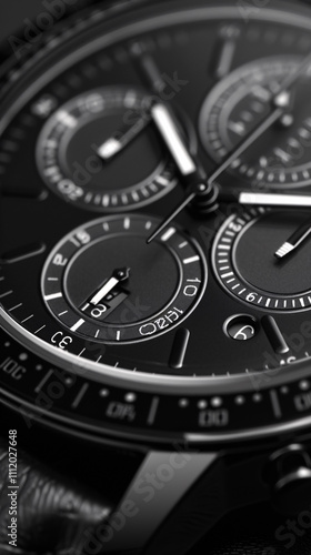 A close-up view of a silver and black watch, with a few small chips visible