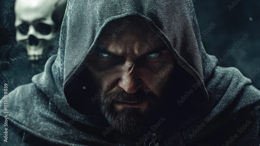 Intense man with piercing eyes in a hooded cloak beside a skull, conveying a mysterious and dark atmosphere. Intense man with piercing eyes in a hooded cloak beside a skull, conveying a mysterious and dark atmosphere.