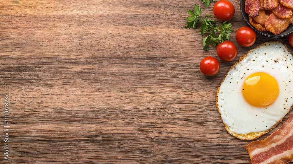 delicious arrangement of fried eggs, crispy bacon, cherry tomatoes, and fresh herbs on wooden surface creates mouthwatering breakfast scene delicious arrangement of fried eggs, crispy bacon, cherry tomatoes, and fresh herbs on wooden surface creates mouthwatering breakfast scene