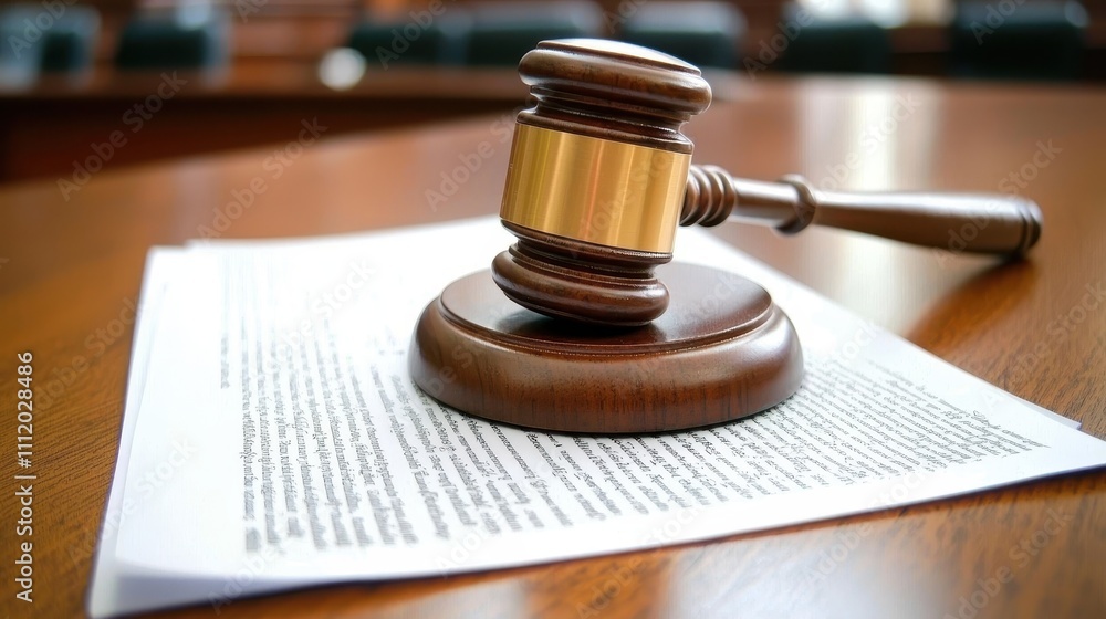 Wooden Gavel on Legal Document in Courtroom Setting for Justice Wooden Gavel on Legal Document in Courtroom Setting for Justice