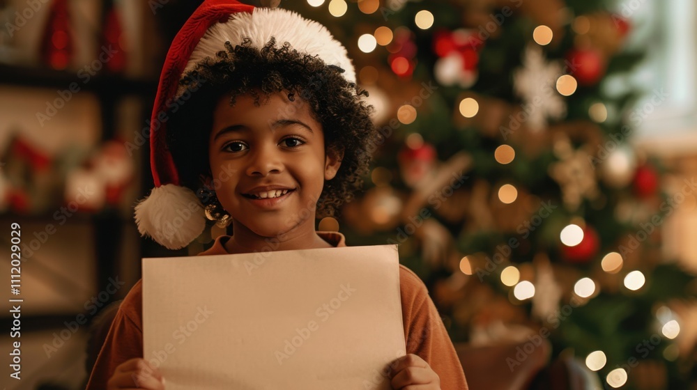 Festive child holding letter with Santa hat amid Christmas decor Festive child holding letter with Santa hat amid Christmas decor