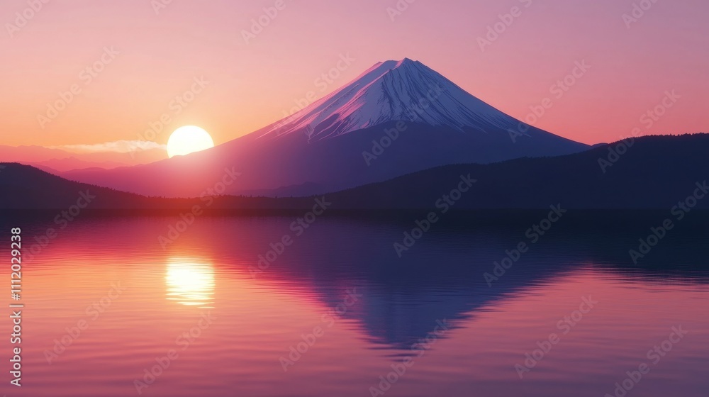 Serene sunset view of a snow-capped mountain reflected in a calm lake. Serene sunset view of a snow-capped mountain reflected in a calm lake.