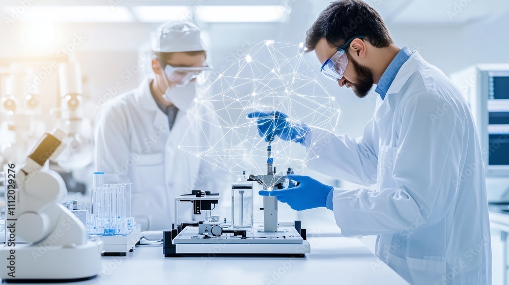 Scientists conducting research in a modern laboratory with advanced technology and equipment Scientists conducting research in a modern laboratory with advanced technology and equipment