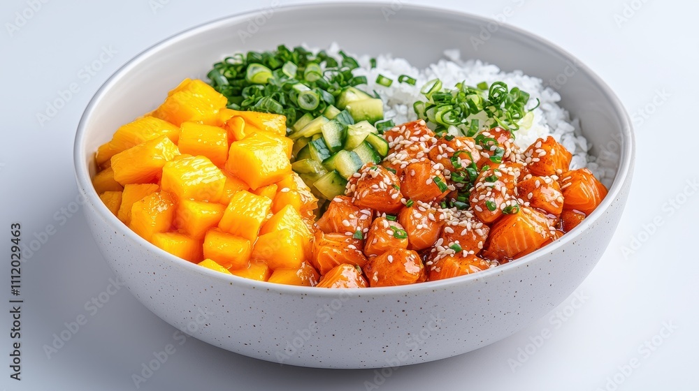 Fresh Sushi Bowl with Mango, Salmon, Cucumber, and Rice