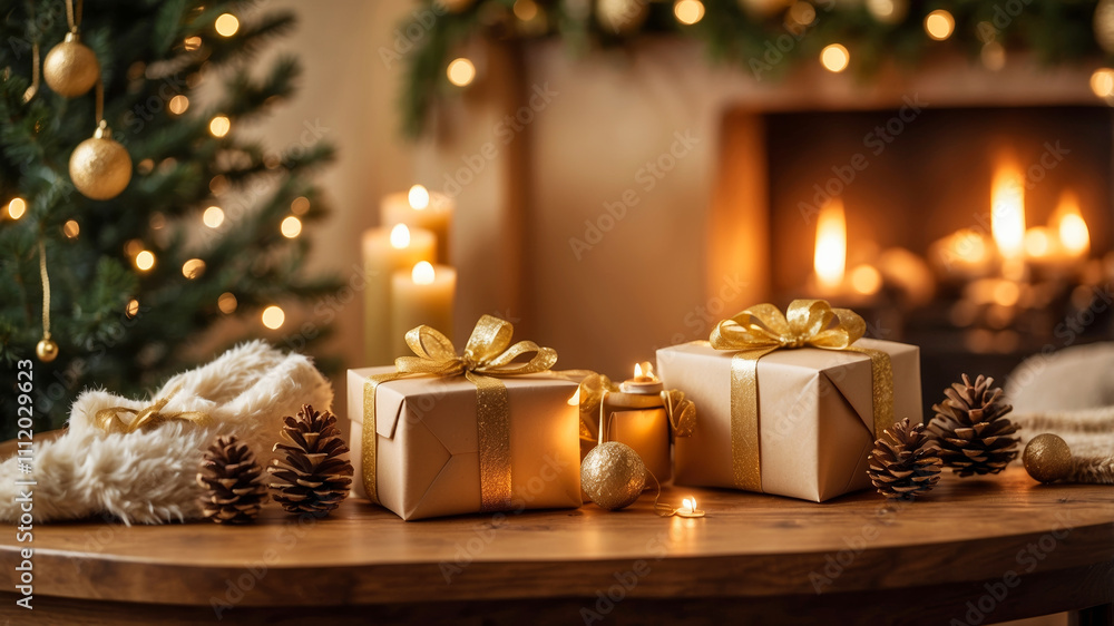 Christmas gifts before the Christmas tree in a warm decorated room Christmas gifts before the Christmas tree in a warm decorated room