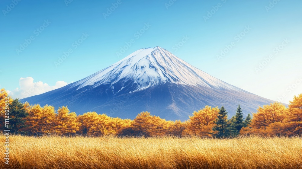 Majestic snow-capped mountain under clear blue skies with vibrant autumn foliage in the foreground. Majestic snow-capped mountain under clear blue skies with vibrant autumn foliage in the foreground.