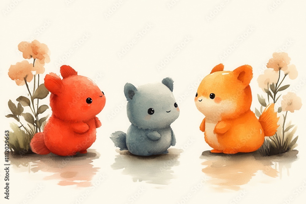 Three cute, cartoonish animals with flowers, evoking a playful and friendly atmosphere. Three cute, cartoonish animals with flowers, evoking a playful and friendly atmosphere.